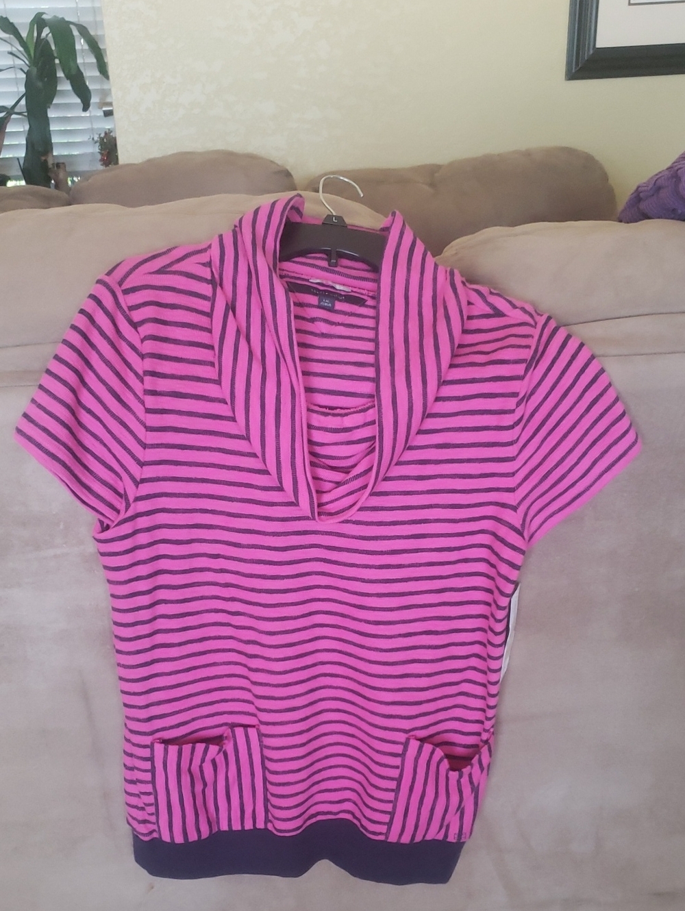 Tommy Hilfiger Striped Pink Short-Sleeve Cowl Neck Top